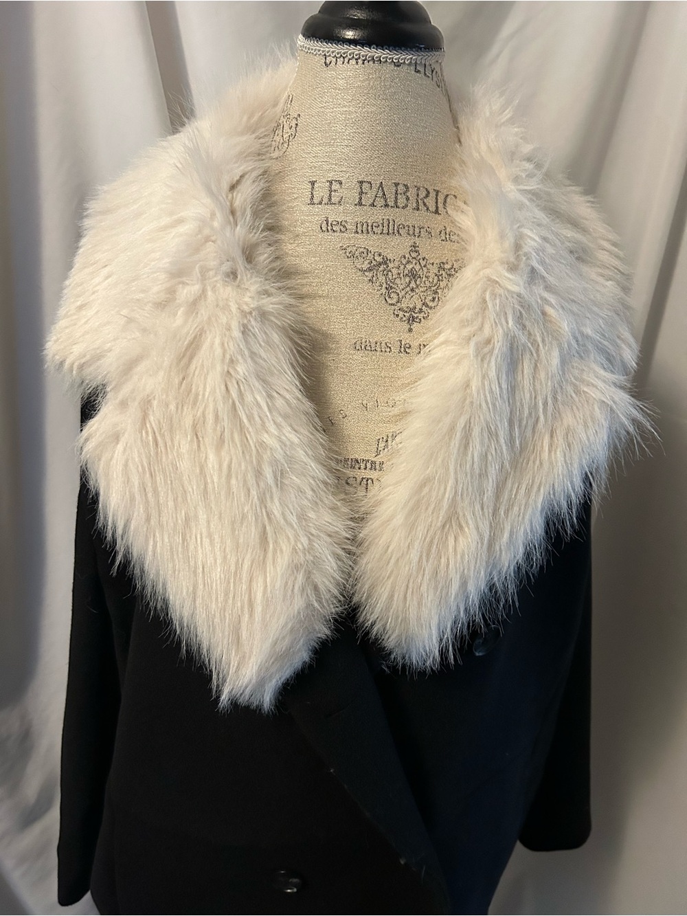 Black Coat with Luxe Faux Fur Ivory Collar